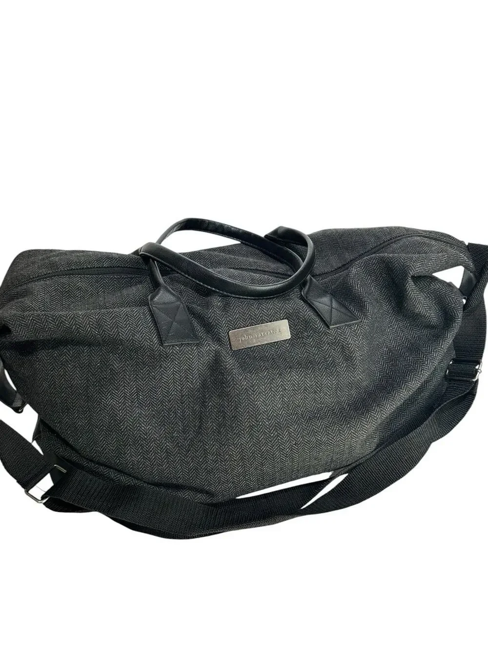 John Varvatos Gray Herringbone Weekender Duffel Travel Bag Faux Leather Trim